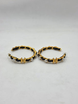 Chanel Gold-tone Faux Pearl Leather Interlocking CC Turnlock Hoop Earrings