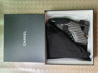 Chanel 2017 Tweed Pattern Logo Embellished Combat Boots 39 sz