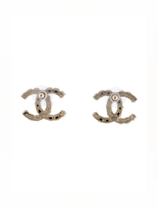 Chanel Gold-tone Faux Pearl Strass Interlocking CC Stud Earrings