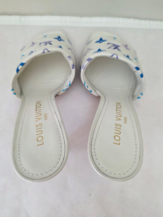 Louis Vuitton White Blue LV Monogram Leather Slides 40 sz