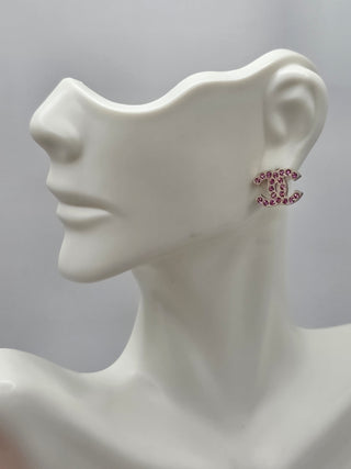 Chanel Silver-tone Pink Strass Interlocking CC Stud Earrings