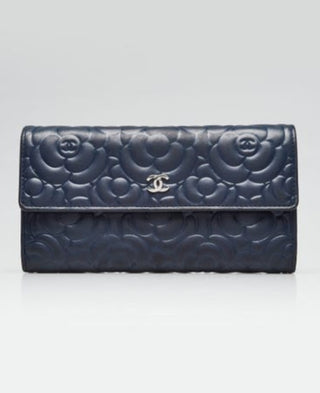Chanel Blue Camellia Embossed Lambskin Leather L Flap Wallet