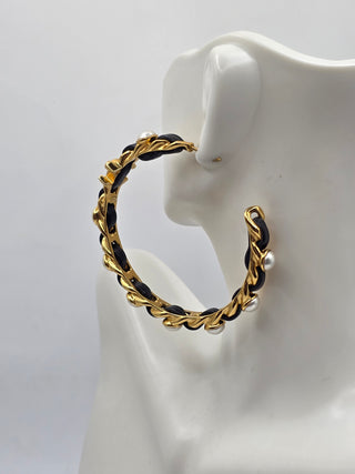 Chanel Gold-tone Faux Pearl Leather Interlocking CC Turnlock Hoop Earrings