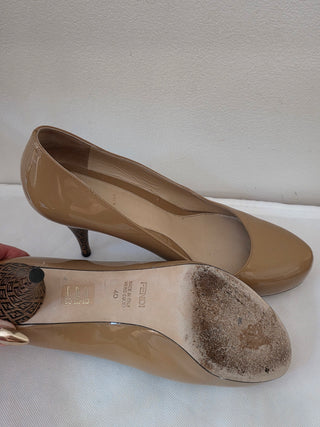 Fendi Brown Patent Leather FF Zucca Logo Pumps 40 sz