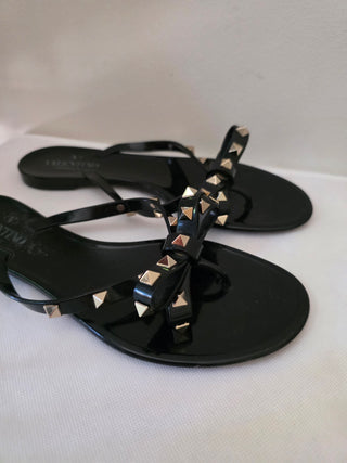 Valentino Black Rockstud Accents Rubber Bow Slides 39 sz