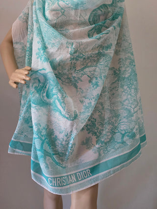 Christian Dior Aquamarina Cotton Toile De Jouy Sauvage Pareo Scarf