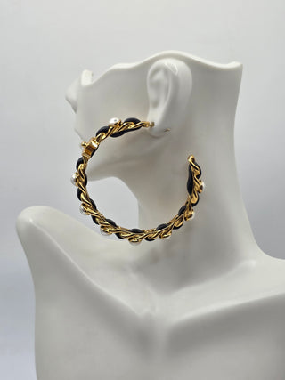 Chanel Gold-tone Faux Pearl Leather Interlocking CC Turnlock Hoop Earrings