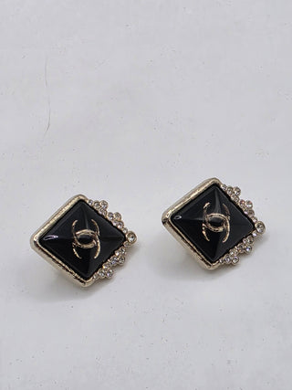 Chanel Gold-tone Blavk Strass Interlocking CC Stud Earrings