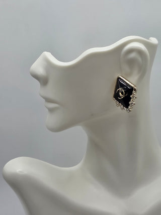 Chanel Gold-tone Blavk Strass Interlocking CC Stud Earrings