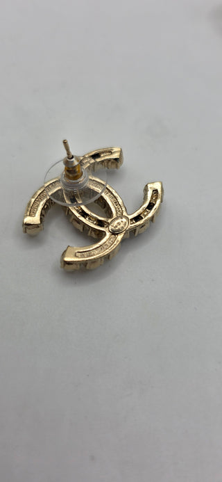 Chanel Gold-tone Faux Pearl Strass Interlocking CC Stud Earrings