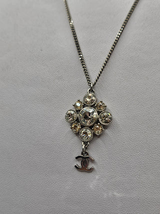 Chanel Silver-tone Strass CC Logo Dangle Pendant Necklace