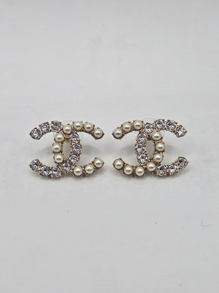 Chanel Gold-tone Faux Pearl Strass Interlocking CC Stud Earrings