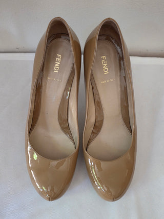 Fendi Brown Patent Leather FF Zucca Logo Pumps 40 sz