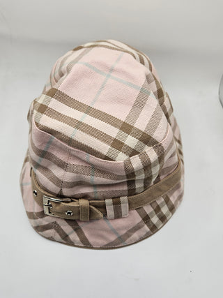 Burberry London Pink Beige Nova Check Plaid Print Canvas Bucket Hat M sz