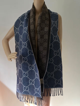 Gucci Blue brown GG Monogram Reversible wool oversized scarf