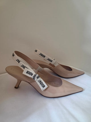 Christian Dior Beige Patent Leather J'Adior Printed Slingback Pumps 39.5 sz