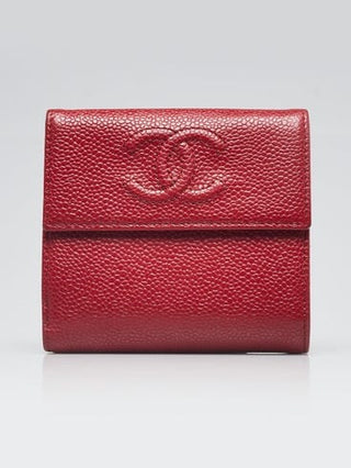 CHANEL Red Caviar Leather CC Compact French Purse Wallet