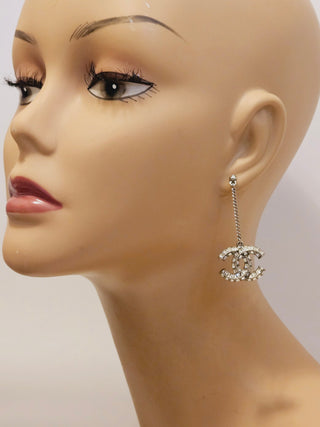 Chanel Silver-tone 2022 Strass Interlocking CC Drop Earrings
