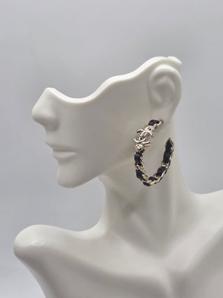 Chanel Gold-tone 2022 Leather Woven CC Turnlock Hoop Earrings