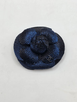 Chanel Metallic Black Blue Camellia CC Logo Fabric Brooch