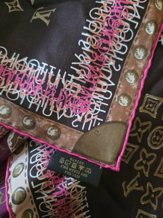 Louis Vuitton Brown Multicolor LV Monogram Map Pattern Silk Scarf