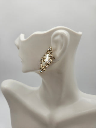 Chanel Golf-tone Pearl Strass Interlocking CC Stud Earrings