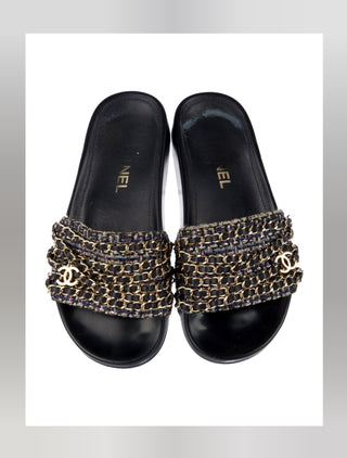 Chanel Black Leather 2016 Interlocking CC Logo Slides 36 sz