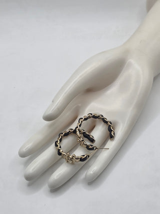 Chanel Gold-tone 2022 Leather Woven CC Turnlock Hoop Earrings