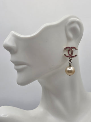 Chanel Gold-tone Faux Pearl Enamel CC Drop Earrings