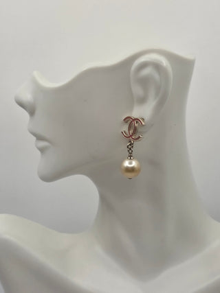 Chanel Gold-tone Faux Pearl Enamel CC Drop Earrings