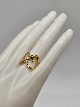 Fendi Gold-tone Crystal Embellished Logo Cocktail Ring M 7 sz