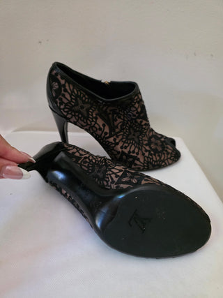 Louis Vuitton Black suede LV Monogram peep-toe booties 38.5 sz