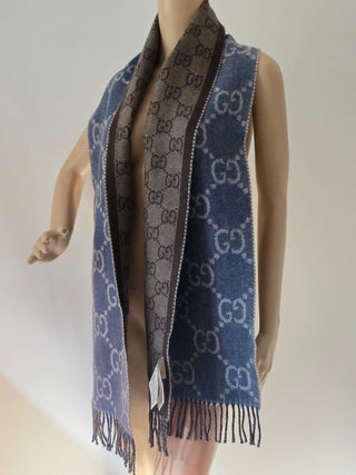 Gucci Blue brown GG Monogram Reversible wool oversized scarf