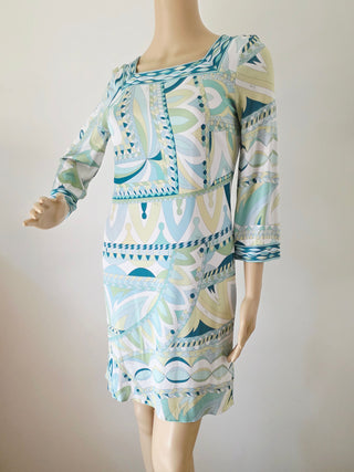 Emilio Pucci White green multicolor signature print long-sleeved summer dress 6 sz