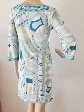 Emilio Pucci White green multicolor signature print long-sleeved summer dress 6 sz