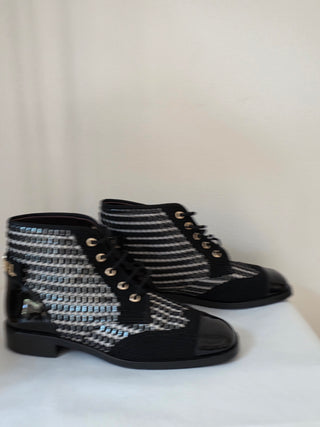 Chanel 2017 Tweed Pattern Logo Embellished Combat Boots 39 sz