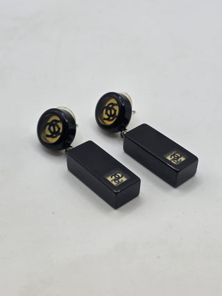 Chanel Black Resin Interlocking CC Drop Earrings