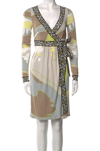 Emilio Pucci Brown multicolor signature print summer wrap dress 6 US sz