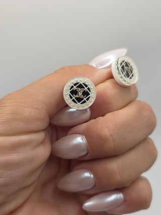 Chanel Silver-tone Resin Faux Pearl Interlocking CC Stud Earrings