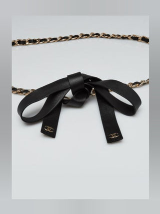 Chanel Black Leather Gold-tone Chain Entwined CC Logo Tie Belt L sz