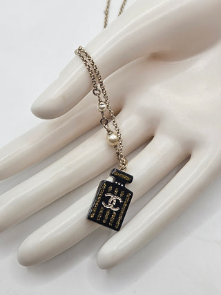 Chanel Gold-tone Faux Pearl Resin Interlocking CC Glitter Pendant Necklace