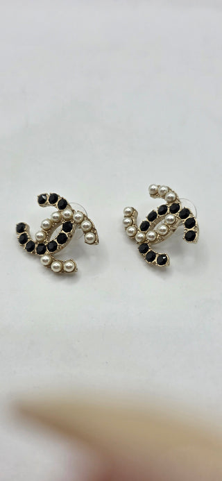 Chanel Gold-tone Faux Pearl Strass Interlocking CC Stud Earrings
