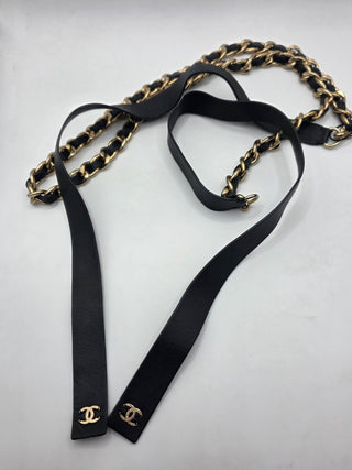 Chanel Black Leather Gold-tone Chain Entwined CC Logo Tie Belt L sz
