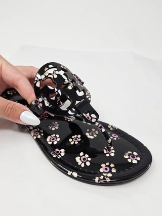 Tory Burch Black Floral Print patent leather Reva thong sandals 7 M