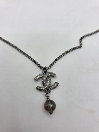 Chanel Silver-tone Faux Pearl Strass Interlocking CC Pendant Necklace