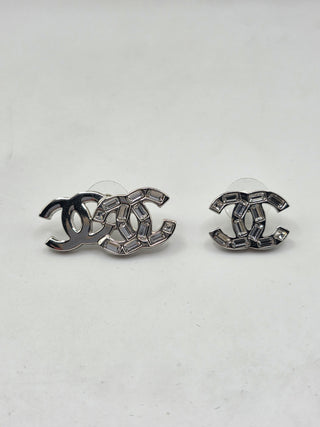 Chanel Silver-tone 2022 Strass Interlocking CC Mismatched Stud Earrings