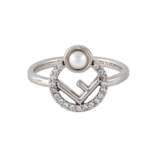 Authentic Fendi "F is Fendi" Crystal & Faux Pearl Cocktail Ring – Size 7.5