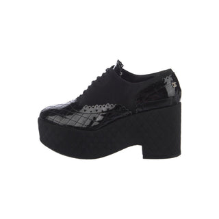 Authentic Chanel 2015 Black Quilted CC Platform Lace-Up Pumps 40.5