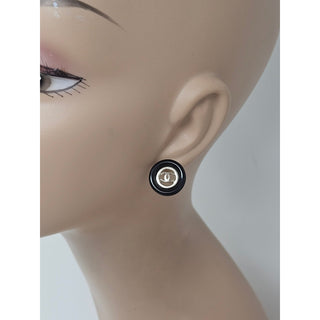 Chanel Gold-tone Black Enamel Interlocking CC Stud Earrings