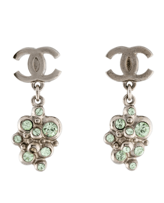 Chanel Silver-tone Camellia Strass CC Logo Drop Earrings